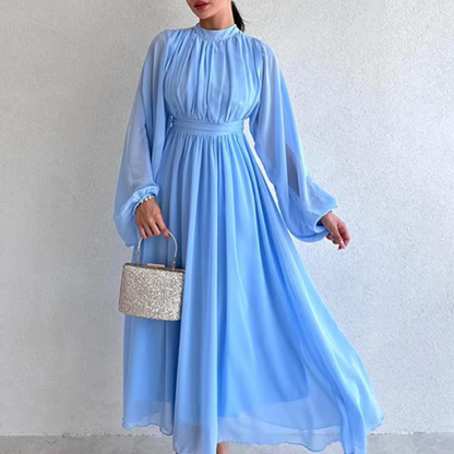 Sky Blue Modest Pleated Chiffon Flare Sleeves Midi Dress, Sky Blue