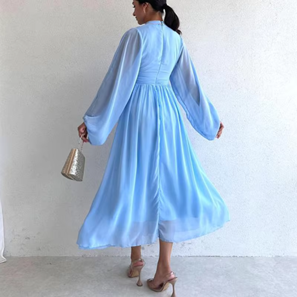 Modest Pleated Chiffon Flare Sleeves Midi Dress, Sky Blue, Back