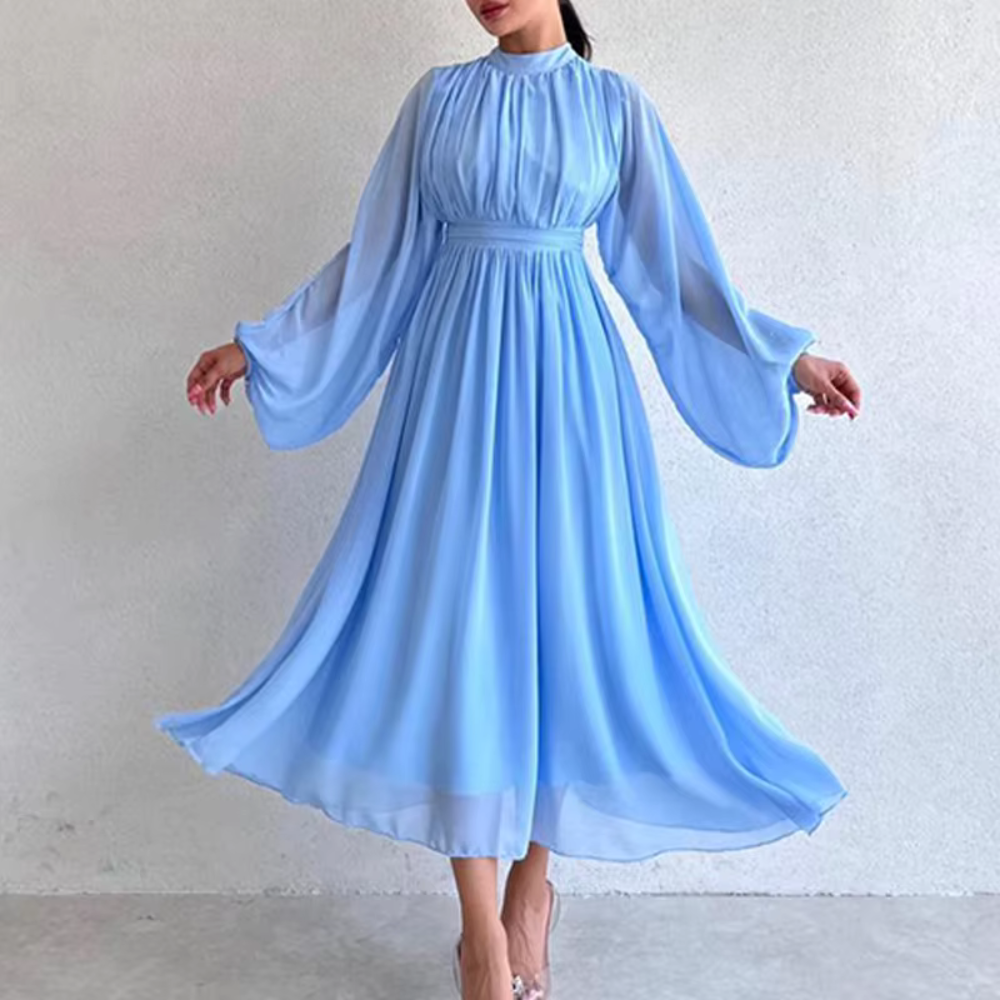 Modest Pleated Chiffon Flare Sleeves Midi Dress, Sky Blue, Left
