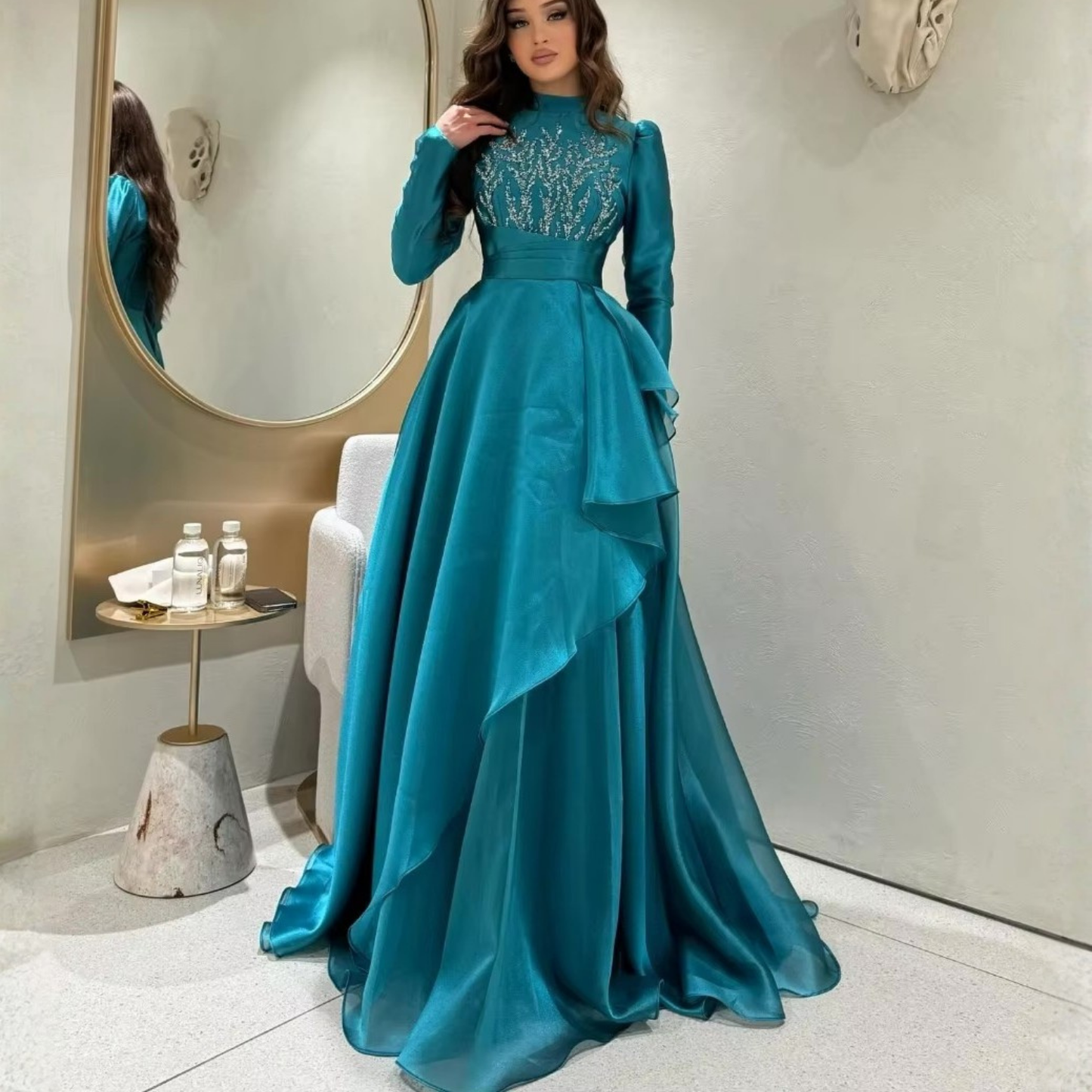 Teal Blue Satin High Neck Rhinestones Ruffle A-Line Gown