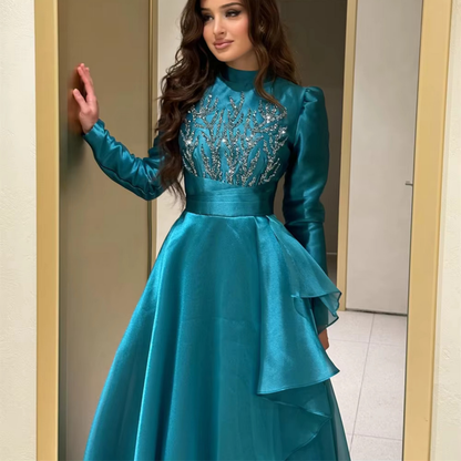 Teal Blue Satin High Neck Rhinestones Ruffle A-Line Gown, Close Up