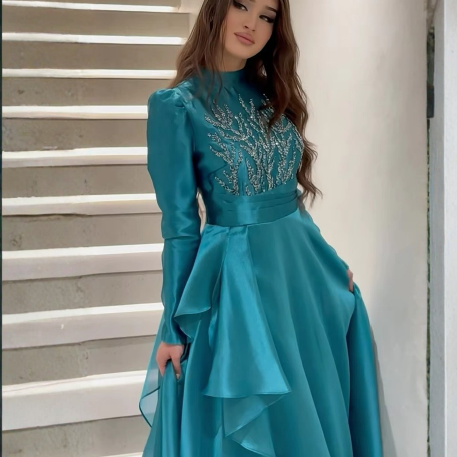 Teal Blue Satin High Neck Rhinestones Ruffle A-Line Gown, Close Up