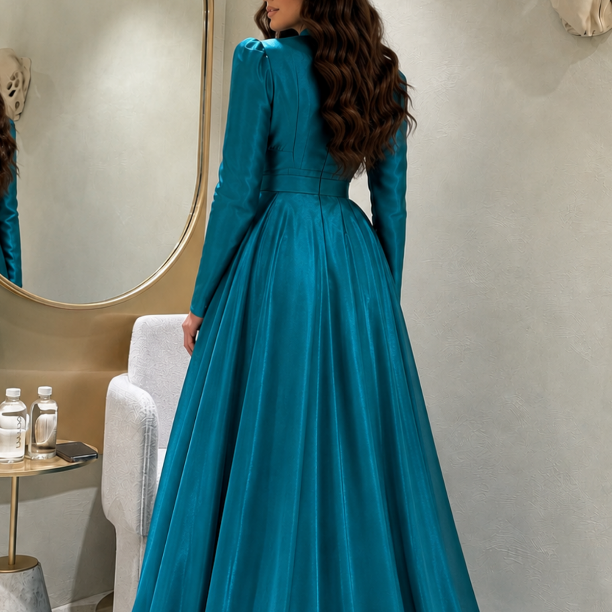 Teal Blue Satin High Neck Rhinestones Ruffle A-Line Gown, Back