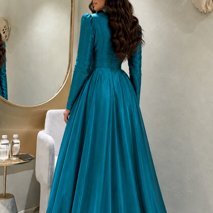 Teal Blue Satin High Neck Rhinestones Ruffle A-Line Gown, Back