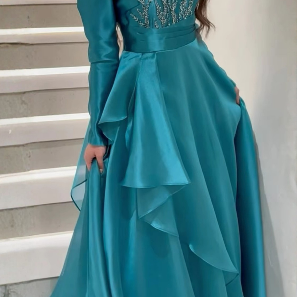 Teal Blue Satin High Neck Rhinestones Ruffle A-Line Gown, Skirt