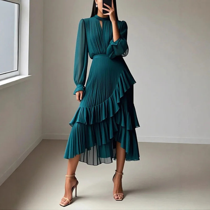 Teal Blue Chiffon High Neck Puff Sleeves Midi Dress