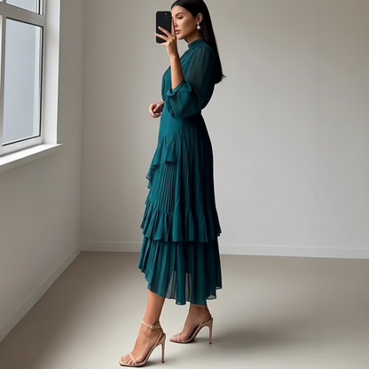 Teal Blue Chiffon High Neck Puff Sleeves Midi Dress, Left