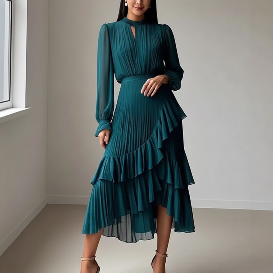 Teal Blue Chiffon High Neck Puff Sleeves Midi Dress, Close Up