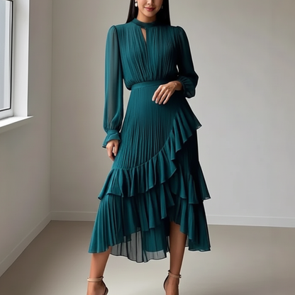 Teal Blue Chiffon High Neck Puff Sleeves Midi Dress, Close Up