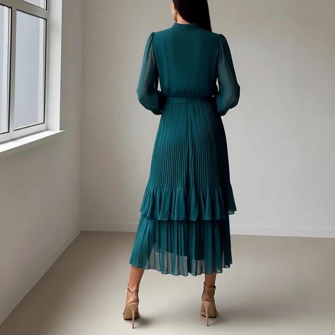 Teal Blue Chiffon High Neck Puff Sleeves Midi Dress, Back