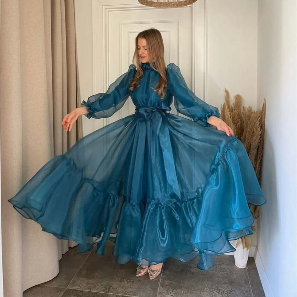 Teal Blue Organza Puff Sleeves High Neck A-Line Maxi Dress