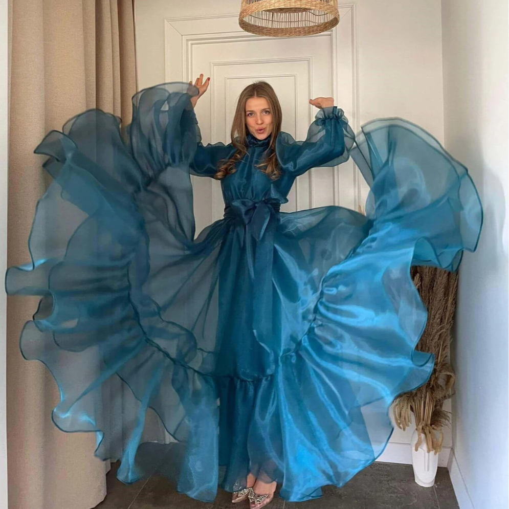 Teal Blue Organza Puff Long Sleeves Modest Evening Dress, Left