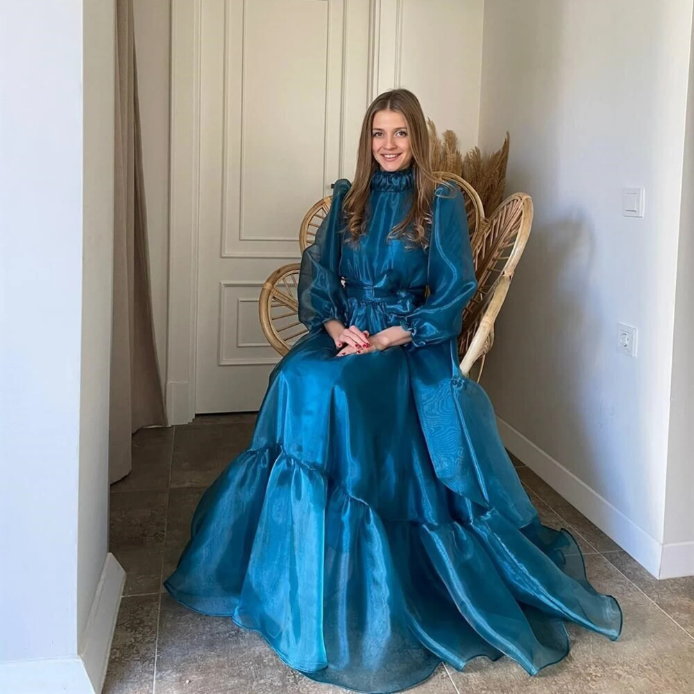 Teal Blue Organza Puff Long Sleeves Modest Evening Dress, Right