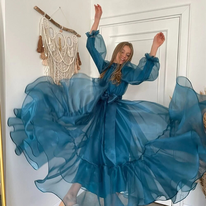 Teal Blue Organza Puff Long Sleeves Modest Evening Dress, Back