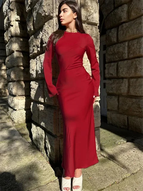 Silky Flare Modest Evening Dress Red / L