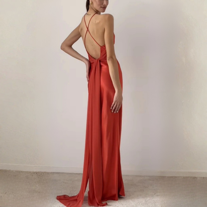 Vermillion Red-Orange Sleeveless Cross Neck Scarf Satin Evening Dress