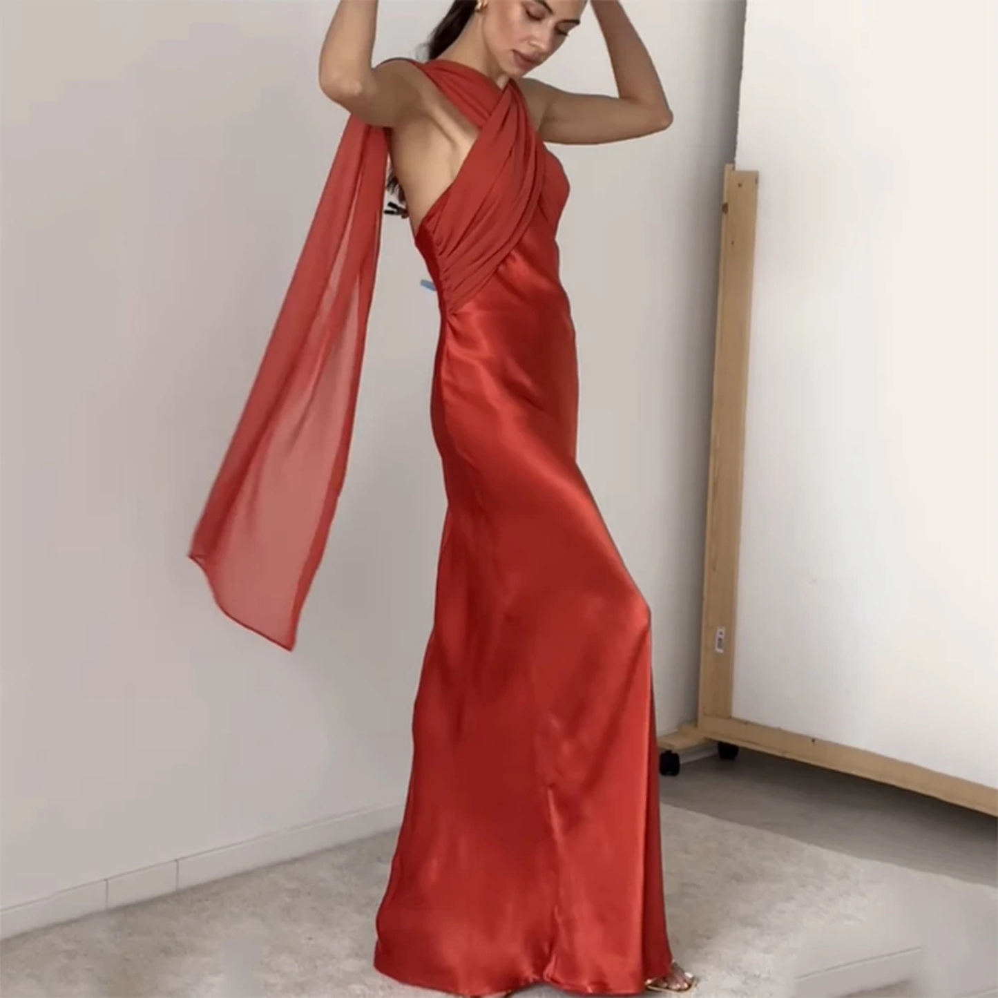 Vermillion Red-Orange Sleeveless Cross Neck Scarf Satin Evening Dress
