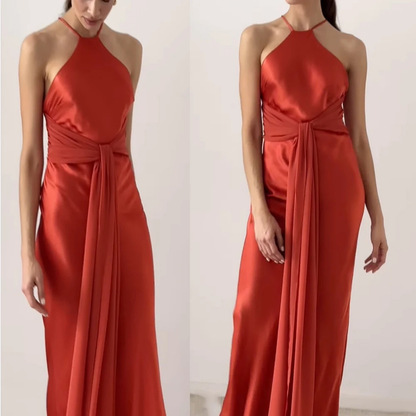 Vermillion Red-Orange Sleeveless Cross Neck Scarf Satin Evening Dress