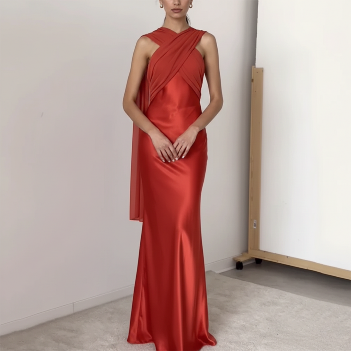 Vermillion Red-Orange Sleeveless Cross Neck Scarf Satin Evening Dress