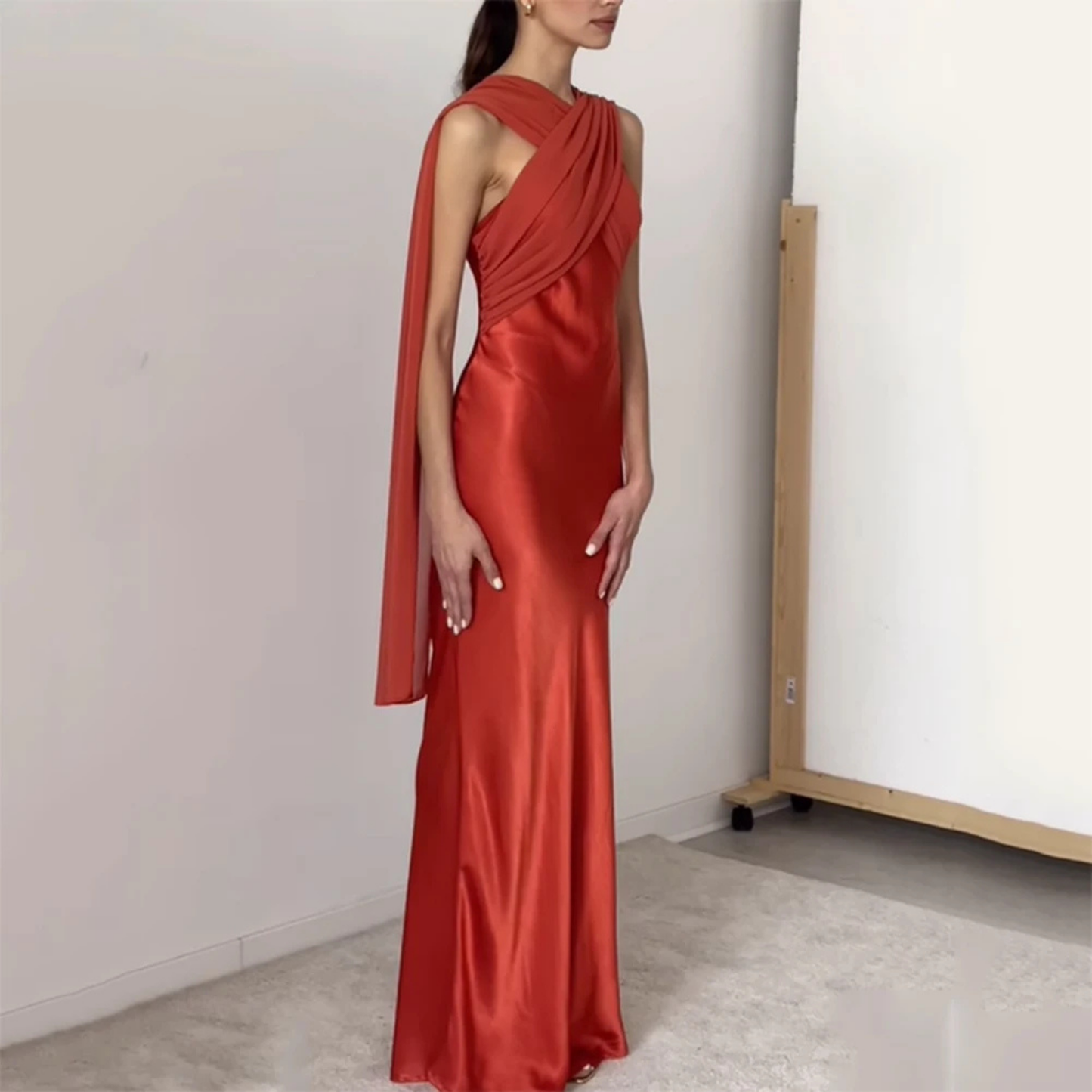 Vermillion Red-Orange Sleeveless Cross Neck Scarf Satin Evening Dress
