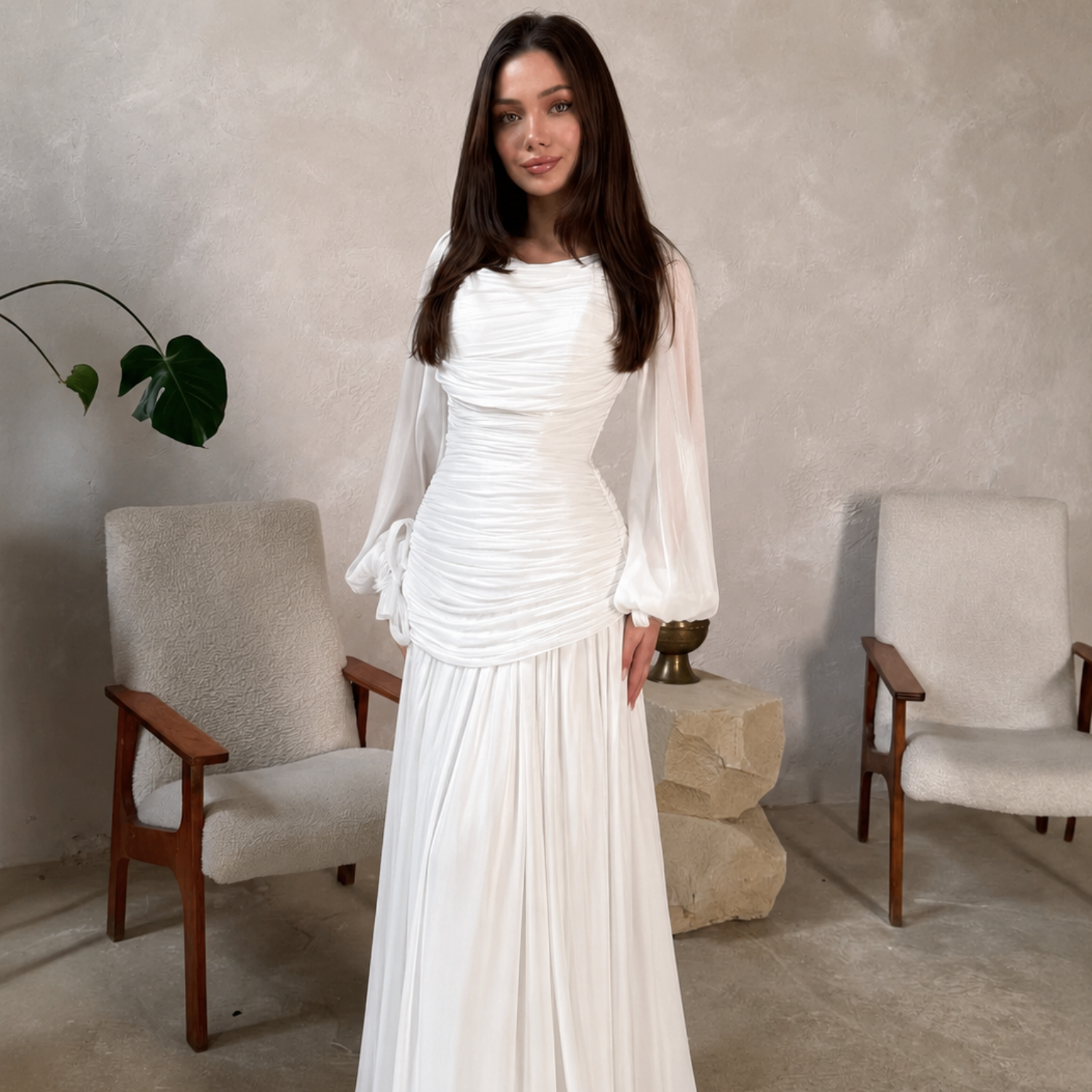 White Chiffon Drape Pleated Balloon Sleeves Slim Maxi Dress