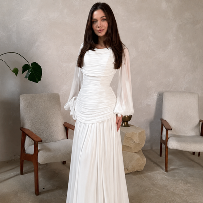 White Chiffon Drape Pleated Balloon Sleeves Slim Maxi Dress