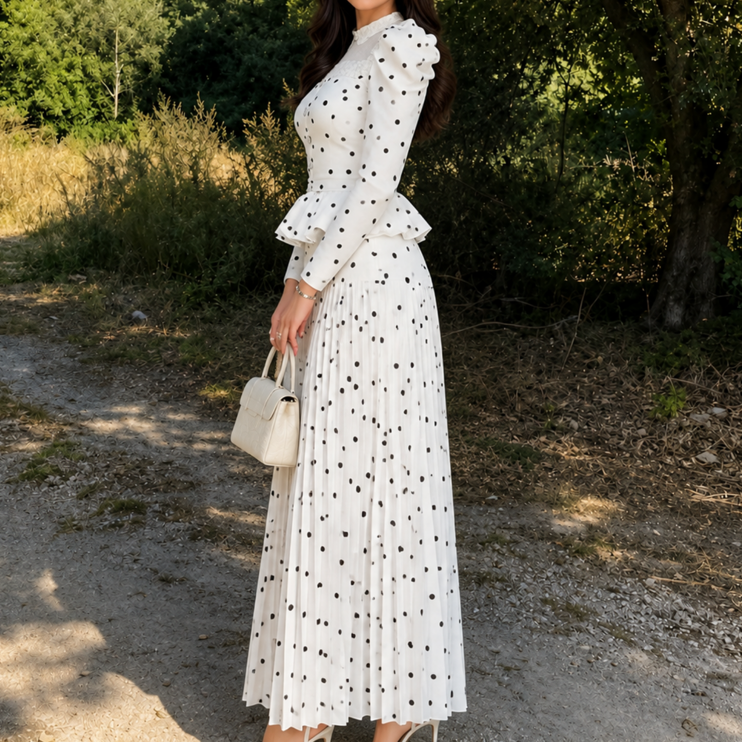 White Elegant Polka Dot Puff Sleeves Modest A-Line Maxi Dress, Side