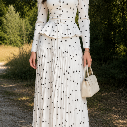 White Elegant Polka Dot Puff Sleeves Modest A-Line Maxi Dress, Skirt