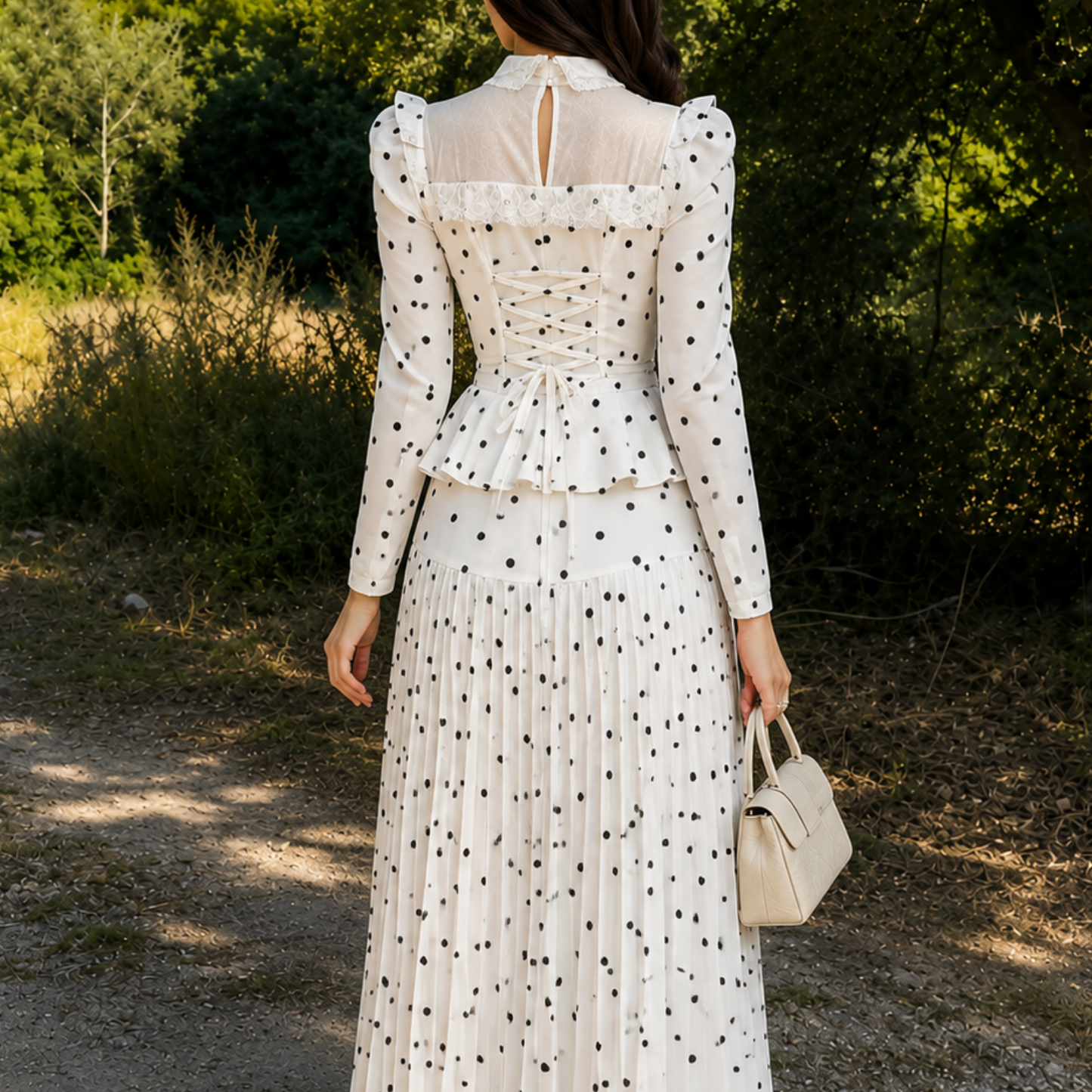 White Elegant Polka Dot Puff Sleeves Modest A-Line Maxi Dress, Back