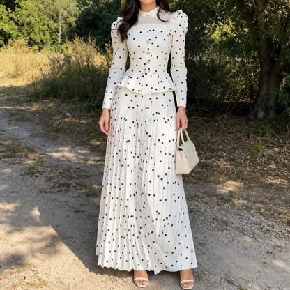 White Elegant Polka Dot Puff Sleeves Modest A-Line Maxi Dress