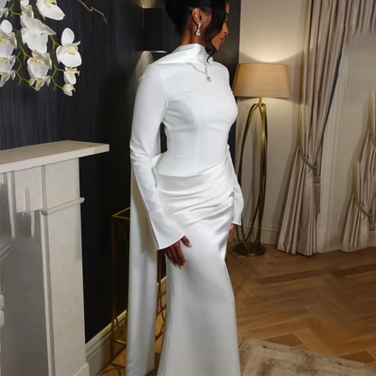 White Satin Modest Draped Mermaid Floor-Length Dress
