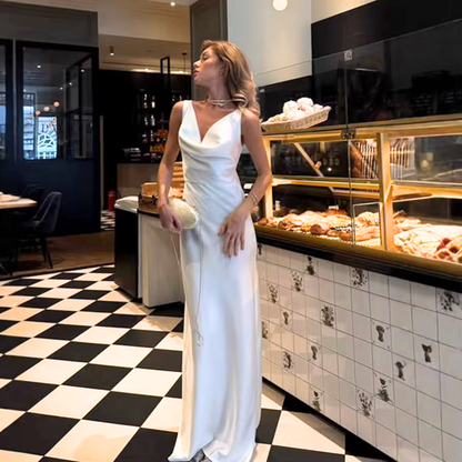 White Satin Sleeveless Deep V-Neck Slim Maxi Gown