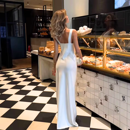 White Satin Sleeveless Deep V-Neck Slim Maxi Gown