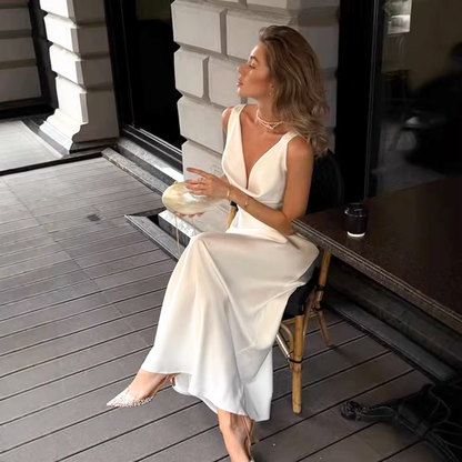 White Satin Sleeveless Deep V-Neck Slim Maxi Gown