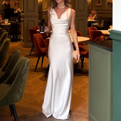 White Satin Sleeveless Deep V-Neck Slim Maxi Gown