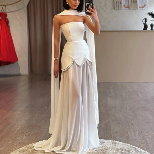 White Sleeveless Bridal Pearl Satin Chiffon Gown with Scarf