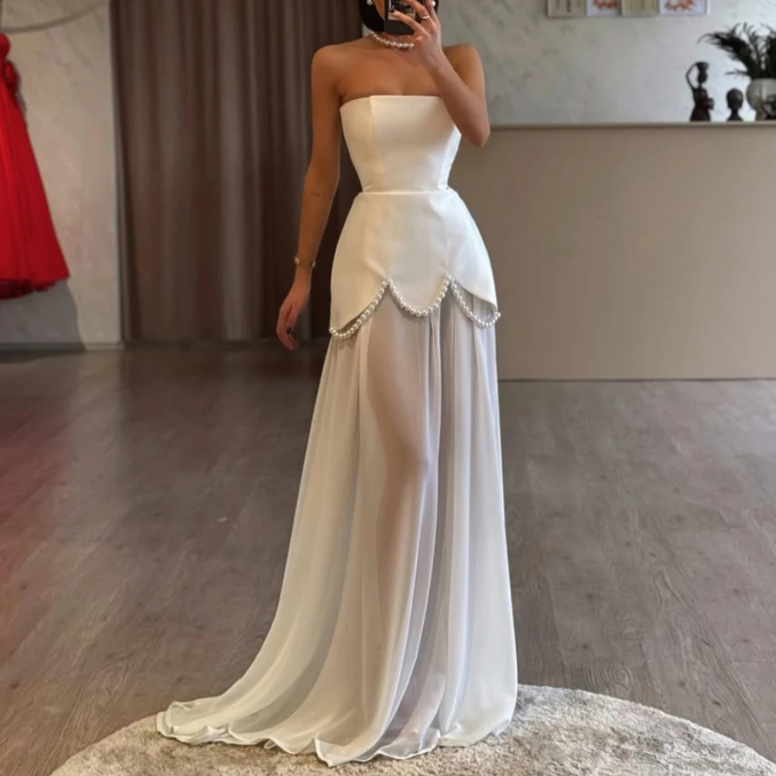 White Sleeveless Bridal Pearl Satin Chiffon Gown, Front