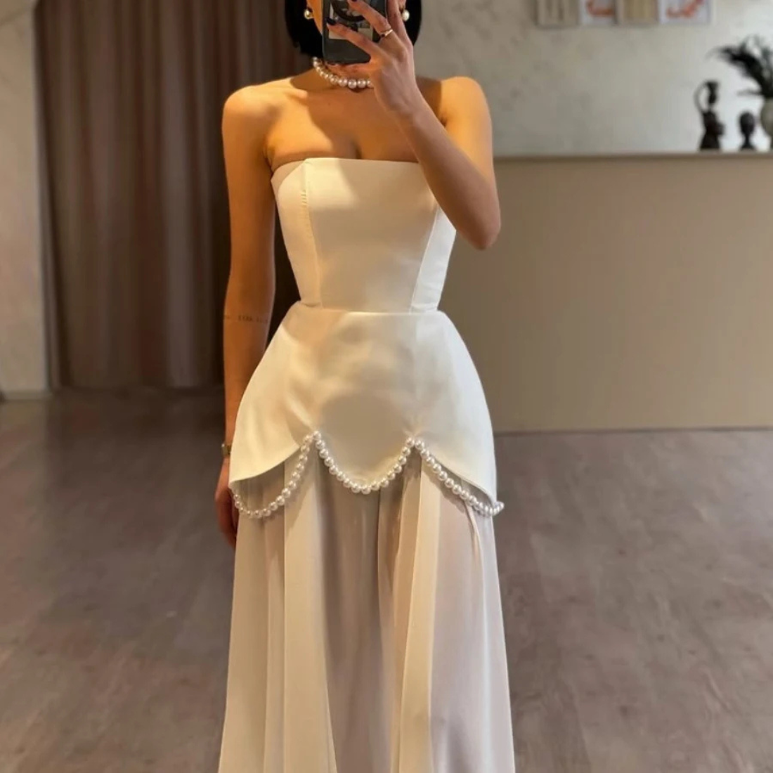 White Sleeveless Bridal Pearl Satin Chiffon Gown, Close Up