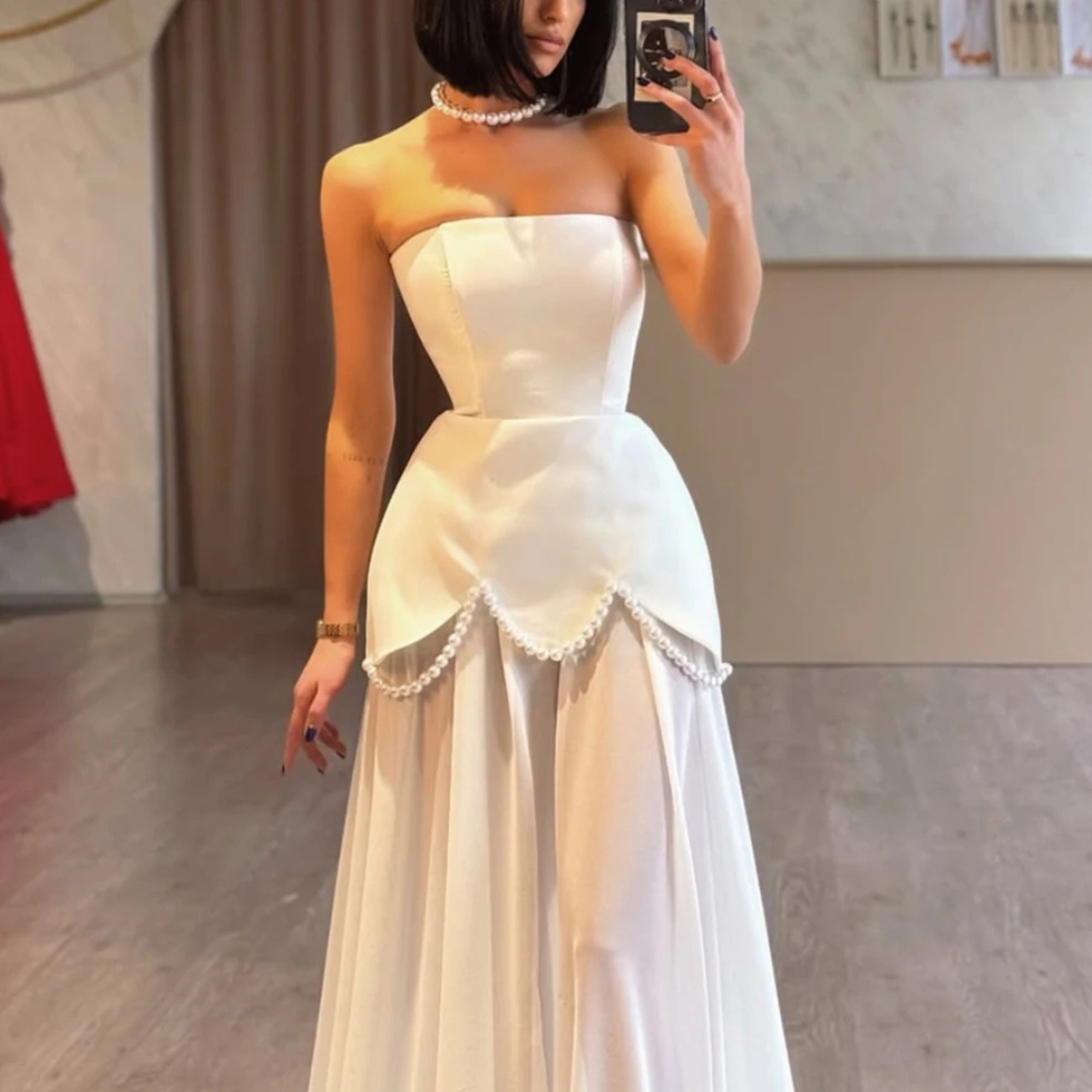 White Sleeveless Bridal Pearl Satin Chiffon Gown, Close Up 2