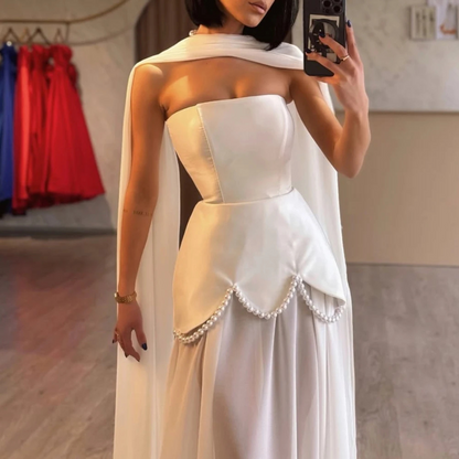 White Sleeveless Bridal Pearl Satin Chiffon Gown, Left