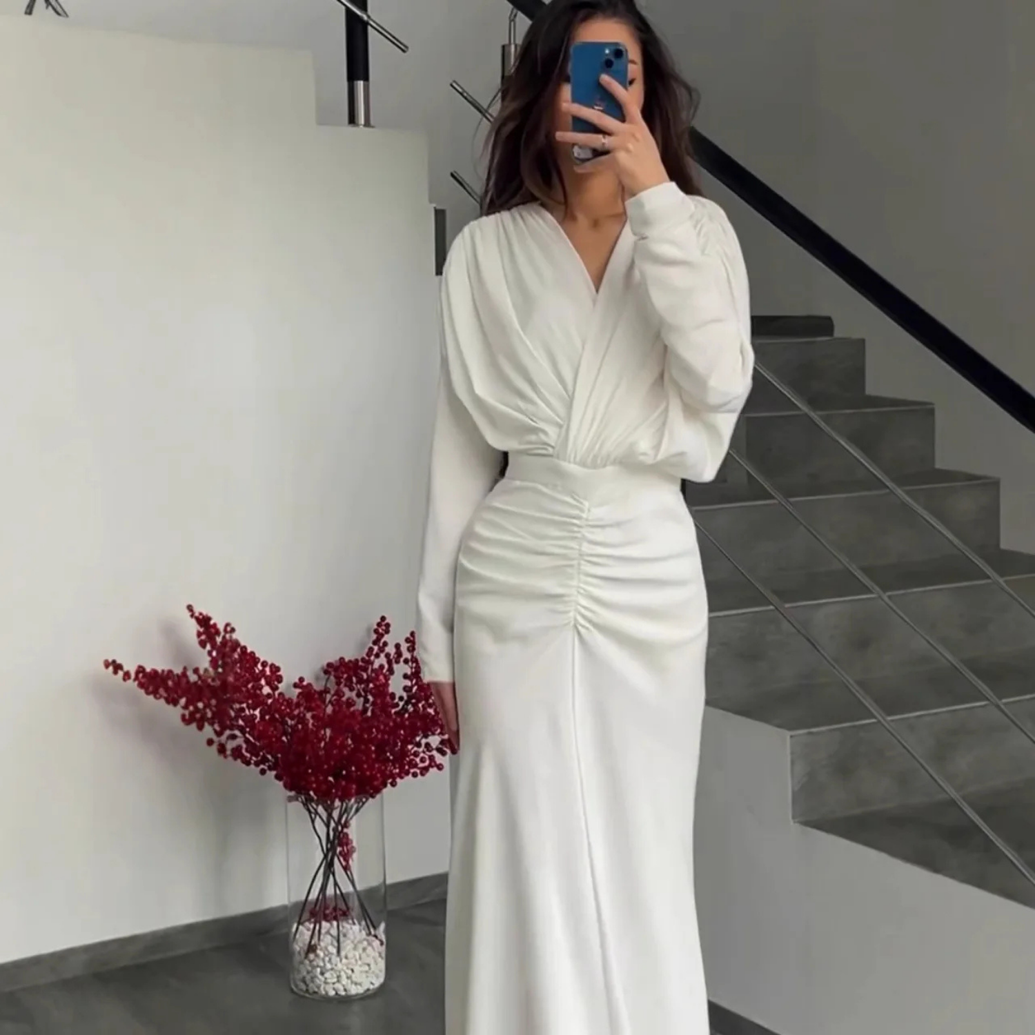 White V-Neck Wrap Long Sleeves Ruched Floor-Length Dress, Close Up 2