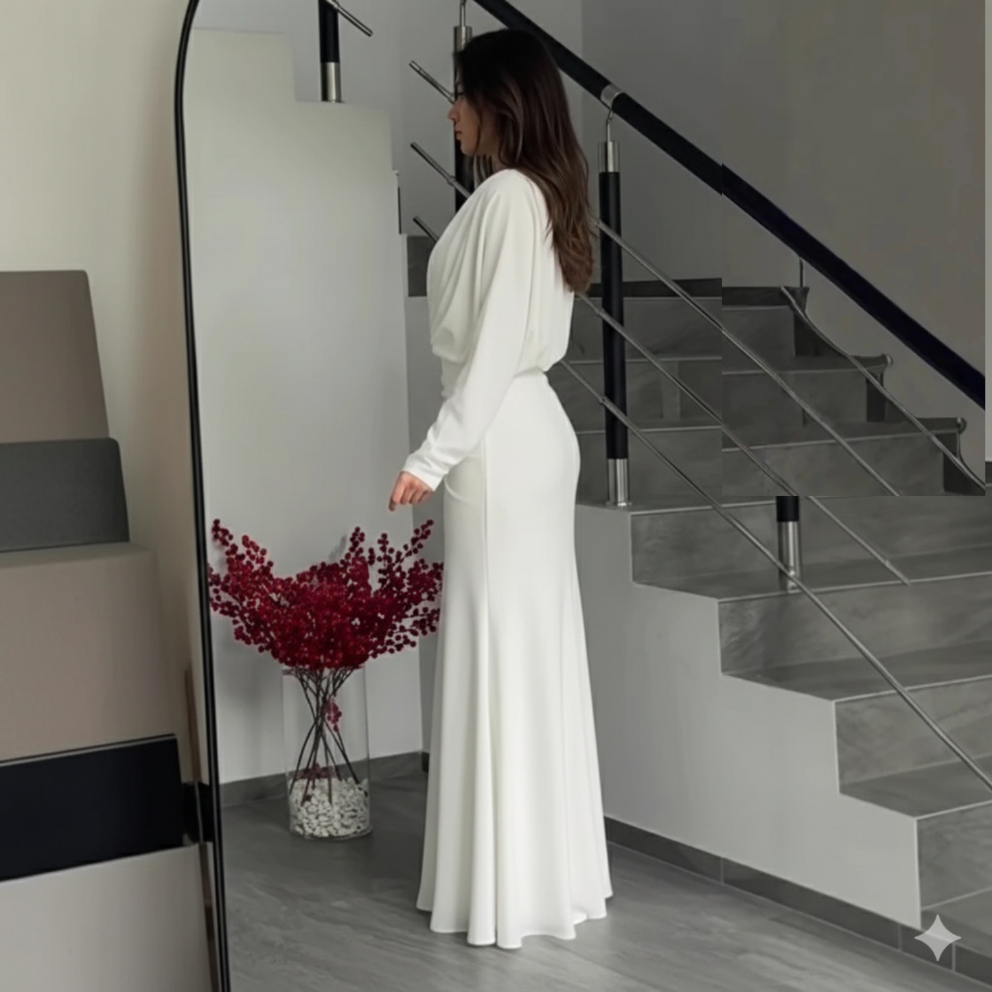 White V-Neck Wrap Long Sleeves Ruched Floor-Length Dress, Left