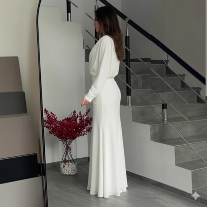 White V-Neck Wrap Long Sleeves Ruched Floor-Length Dress, Left