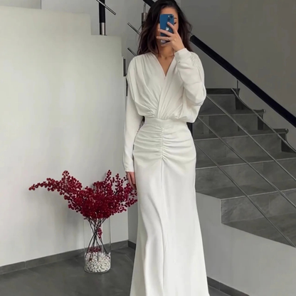 White V-Neck Wrap Long Sleeves Ruched Floor-Length Dress, Close Up