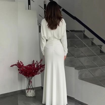 White V-Neck Wrap Long Sleeves Ruched Floor-Length Dress, Back