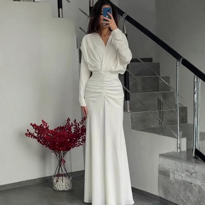 White V-Neck Wrap Long Sleeves Ruched Floor-Length Dress