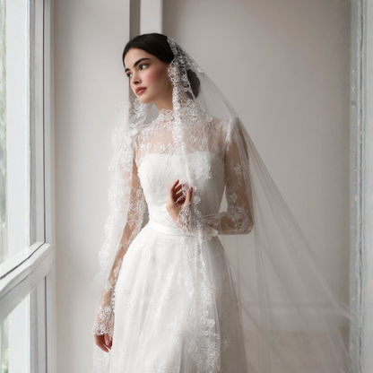 White Floral Lace Long Sleeves A-Line Bridal Gown with Veil, Close Up 2