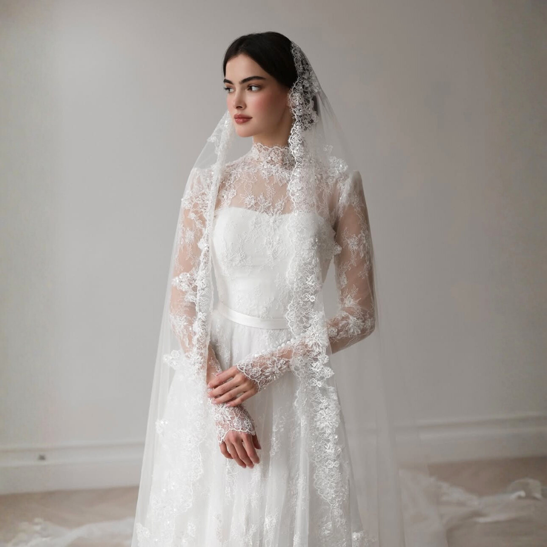 White Floral Lace Long Sleeves A-Line Bridal Gown with Veil, Close Up