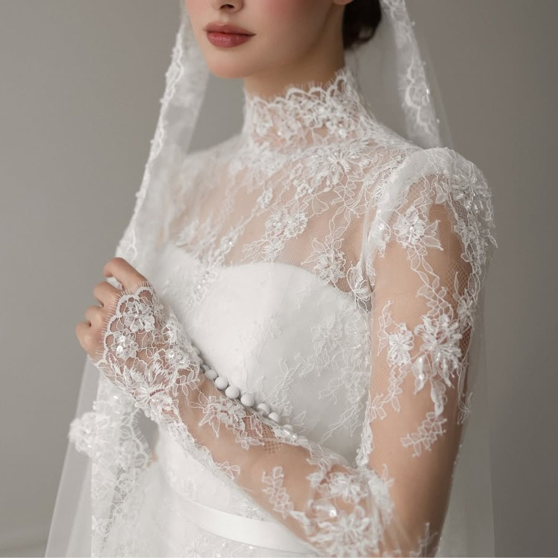 White Floral Lace Long Sleeves A-Line Bridal Gown with Veil, Close Up 3
