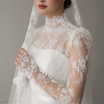 White Floral Lace Long Sleeves A-Line Bridal Gown with Veil, Close Up 3